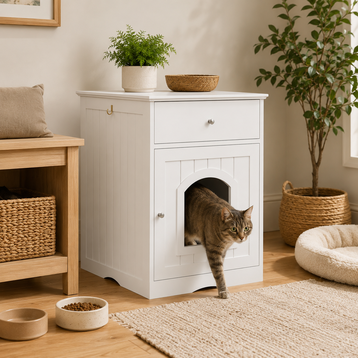 Cat Litter Box Enclosure with Storage Drawer, Hidden Litter Box Side Table and Indoor Cat Cabinet