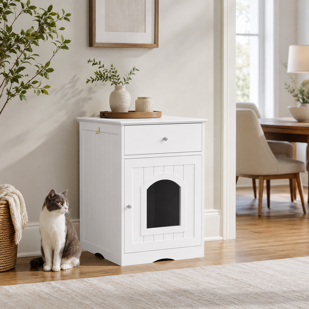 Cat Litter Box Enclosure with Storage Drawer, Hidden Litter Box Side Table and Indoor Cat Cabinet