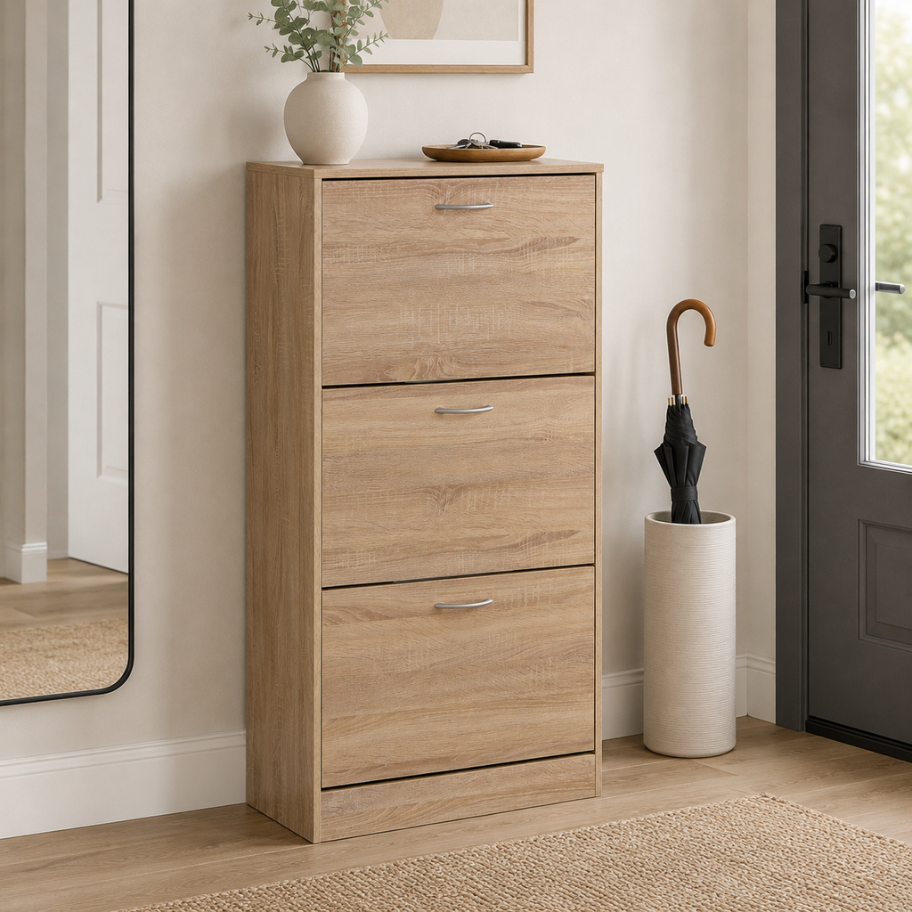 3-Drawer Flip Door Shoe Cabinet, Freestanding Entryway Shoe Storage Cabinet with Dual-Layer Compartments and Top Surface Storage, Wood