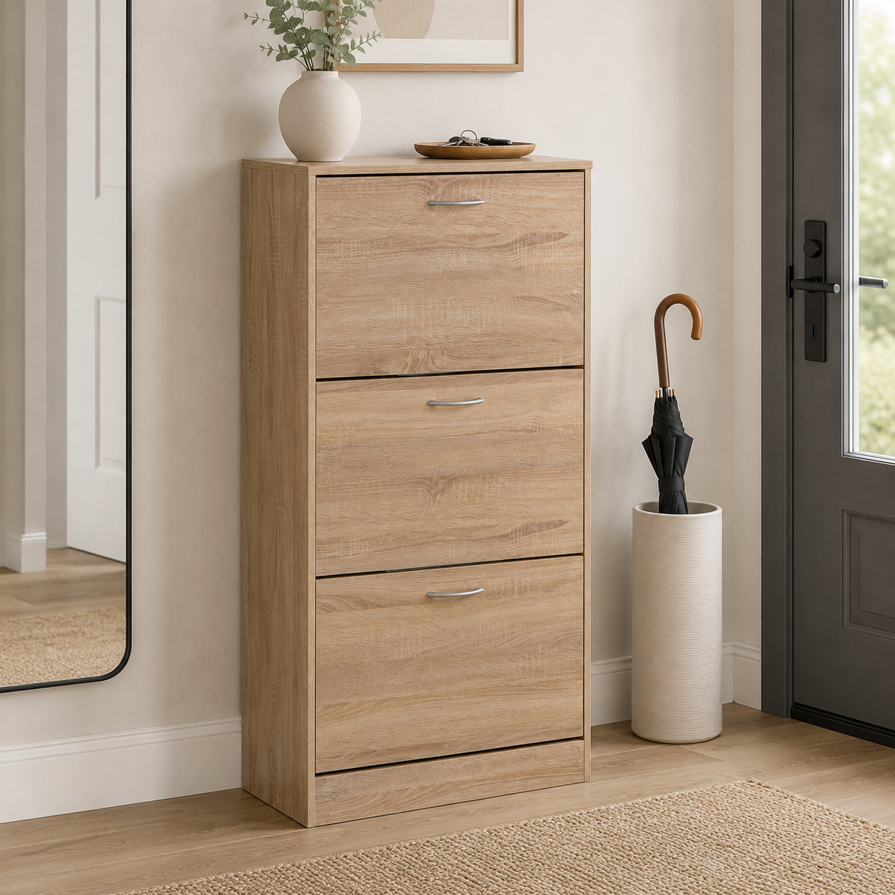 3-Drawer Flip Door Shoe Cabinet, Freestanding Entryway Shoe Storage Cabinet with Dual-Layer Compartments and Top Surface Storage, Wood