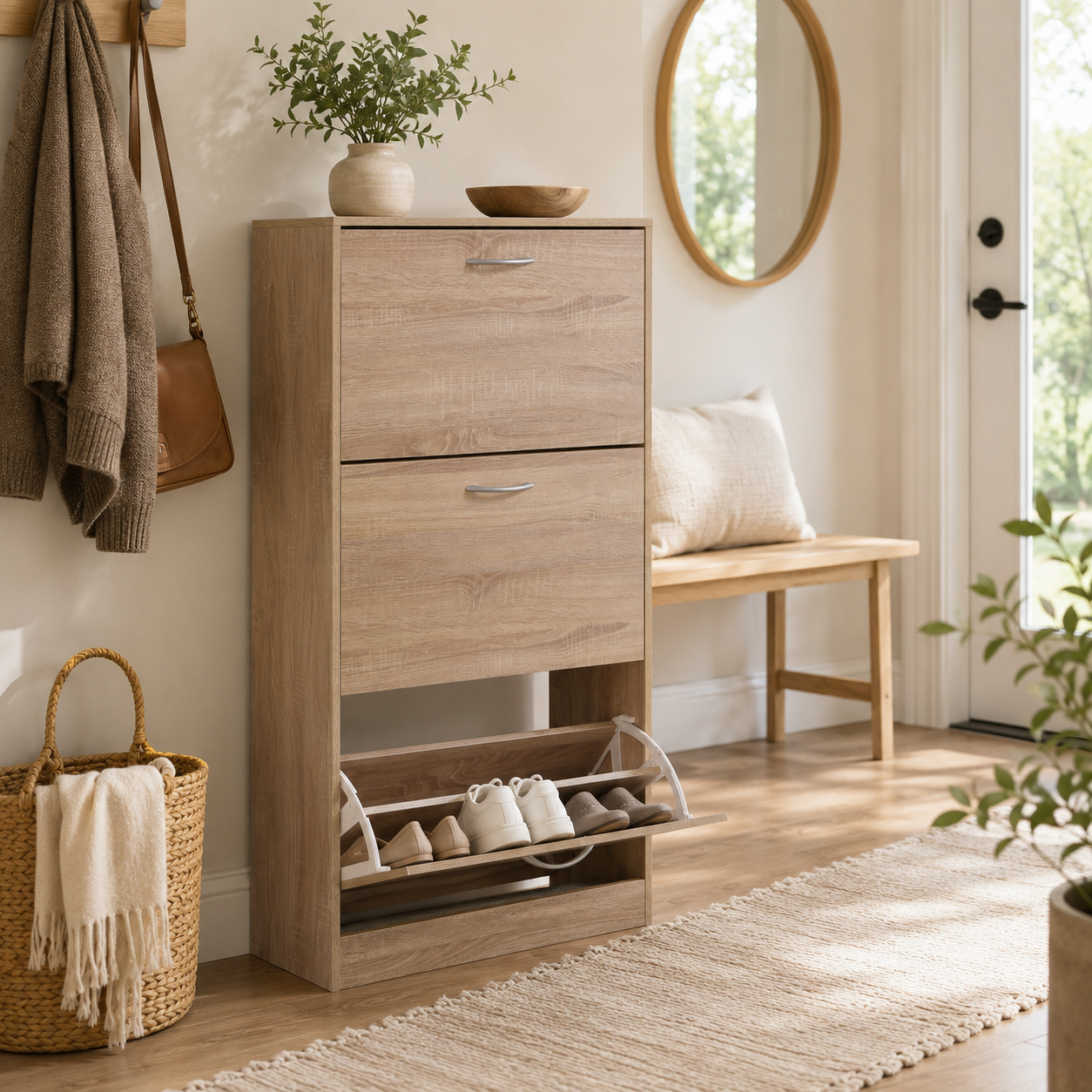 3-Drawer Flip Door Shoe Cabinet, Freestanding Entryway Shoe Storage Cabinet with Dual-Layer Compartments and Top Surface Storage, Wood