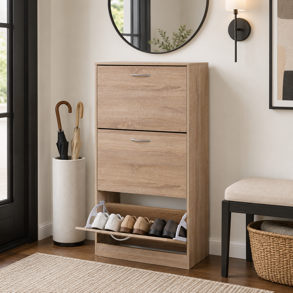 3-Drawer Flip Door Shoe Cabinet, Freestanding Entryway Shoe Storage Cabinet with Dual-Layer Compartments and Top Surface Storage, Wood