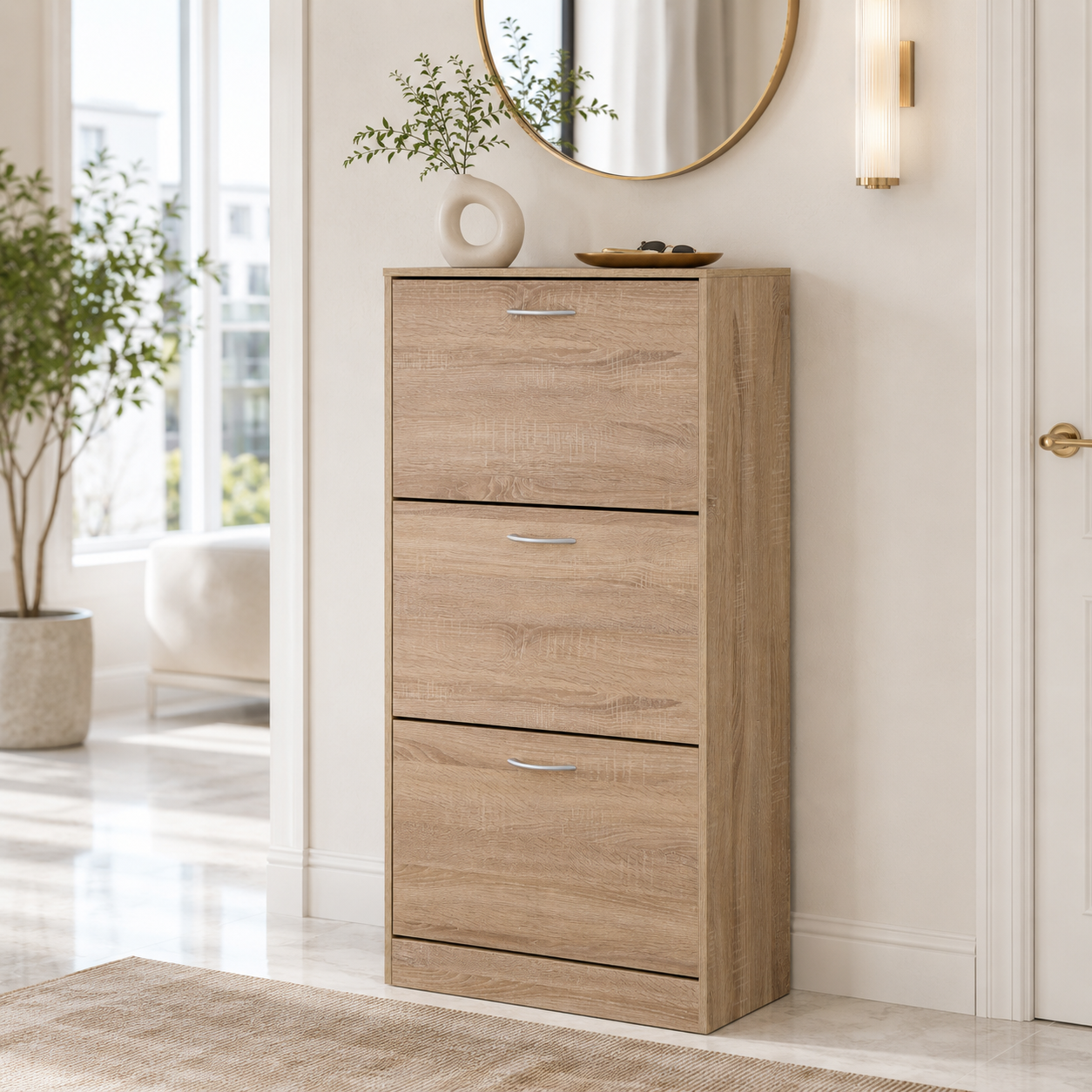 3-Drawer Flip Door Shoe Cabinet, Freestanding Entryway Shoe Storage Cabinet with Dual-Layer Compartments and Top Surface Storage, Wood