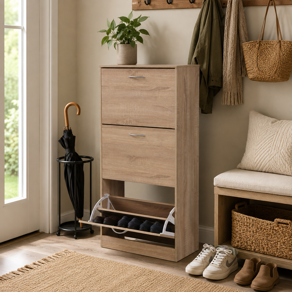 3-Drawer Flip Door Shoe Cabinet, Freestanding Entryway Shoe Storage Cabinet with Dual-Layer Compartments and Top Surface Storage, Wood