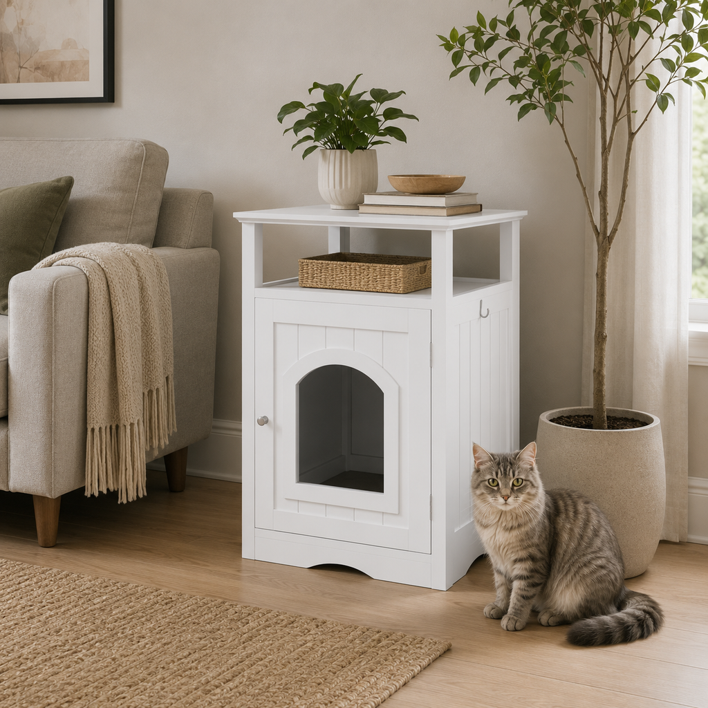 Litter Box Enclosure with Open Storage Shelf and Side Hook, Hidden Cat Litter Box Side Table, White