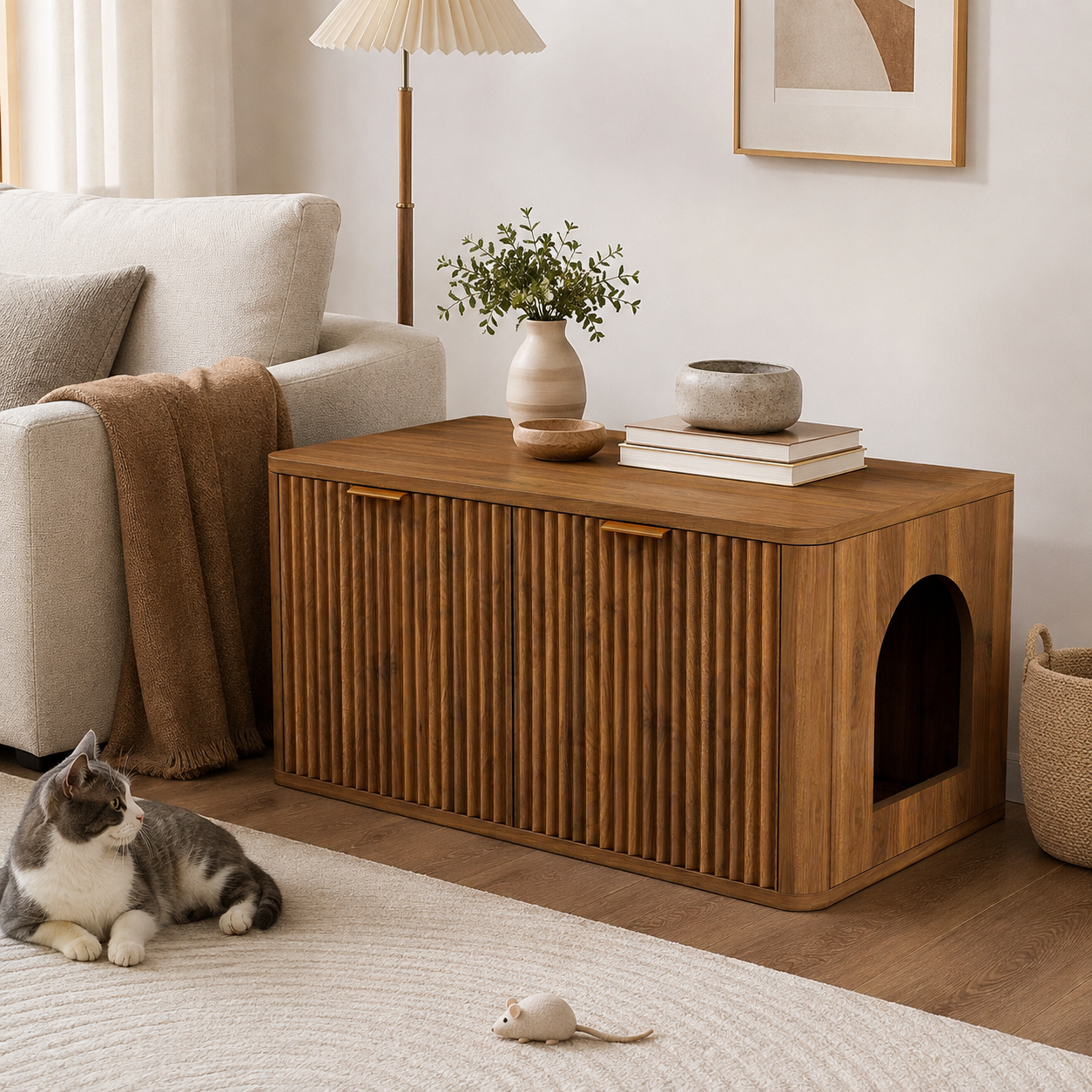 Mid-Century Modern Litter Box Enclosure with Reversible Side Entrance and Grooved Double Doors, Walnut