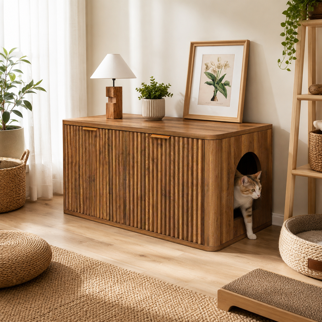 Mid-Century Modern Litter Box Enclosure with Reversible Side Entrance and Grooved Double Doors, Walnut