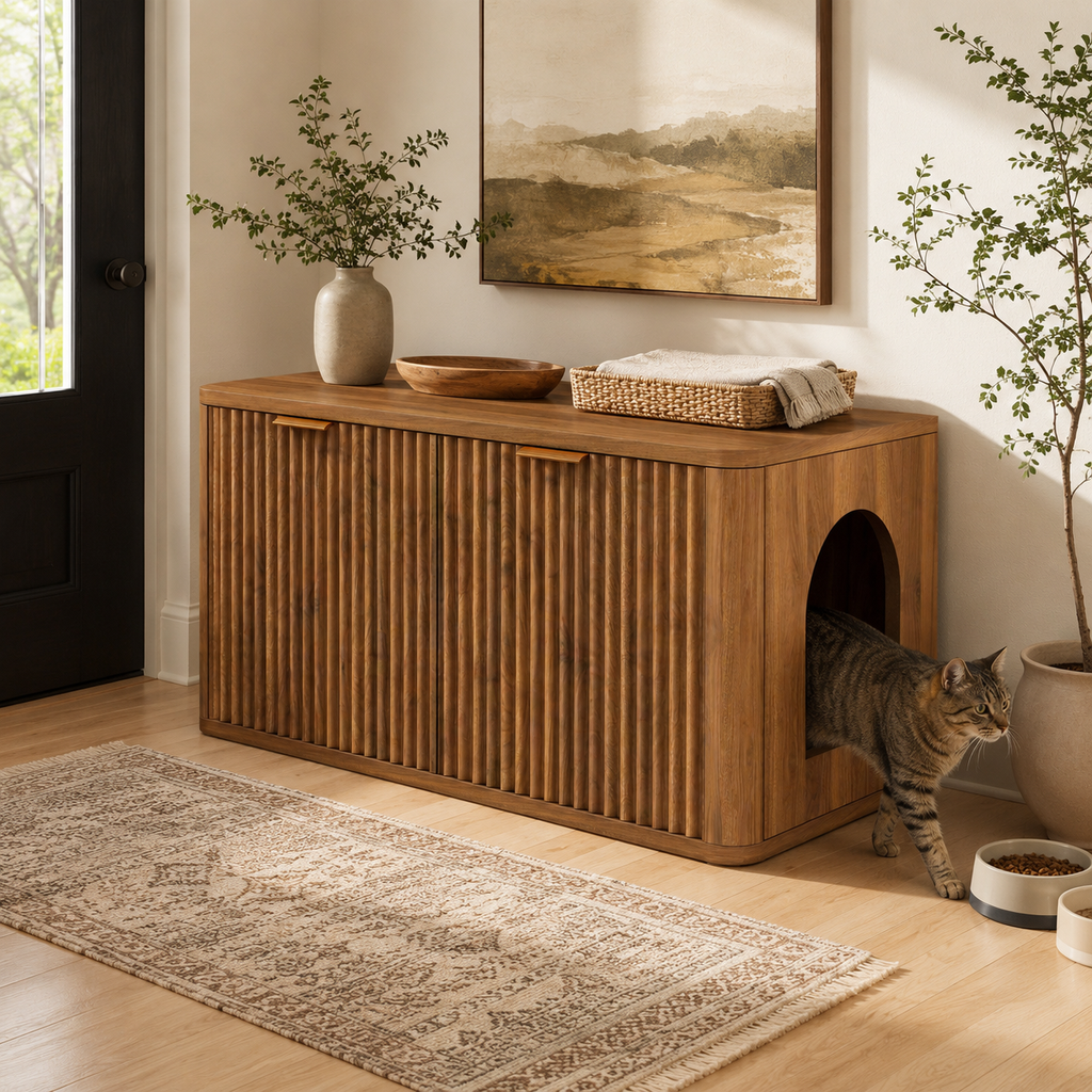 Mid-Century Modern Litter Box Enclosure with Reversible Side Entrance and Grooved Double Doors, Walnut