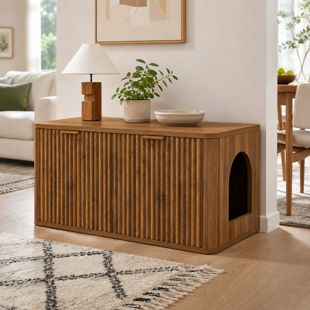 Mid-Century Modern Litter Box Enclosure with Reversible Side Entrance and Grooved Double Doors, Walnut