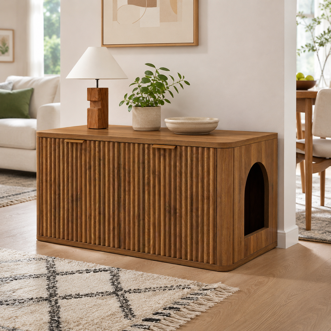 Mid-Century Modern Litter Box Enclosure with Reversible Side Entrance and Grooved Double Doors, Walnut