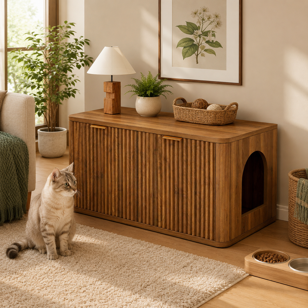 Mid-Century Modern Litter Box Enclosure with Reversible Side Entrance and Grooved Double Doors, Walnut