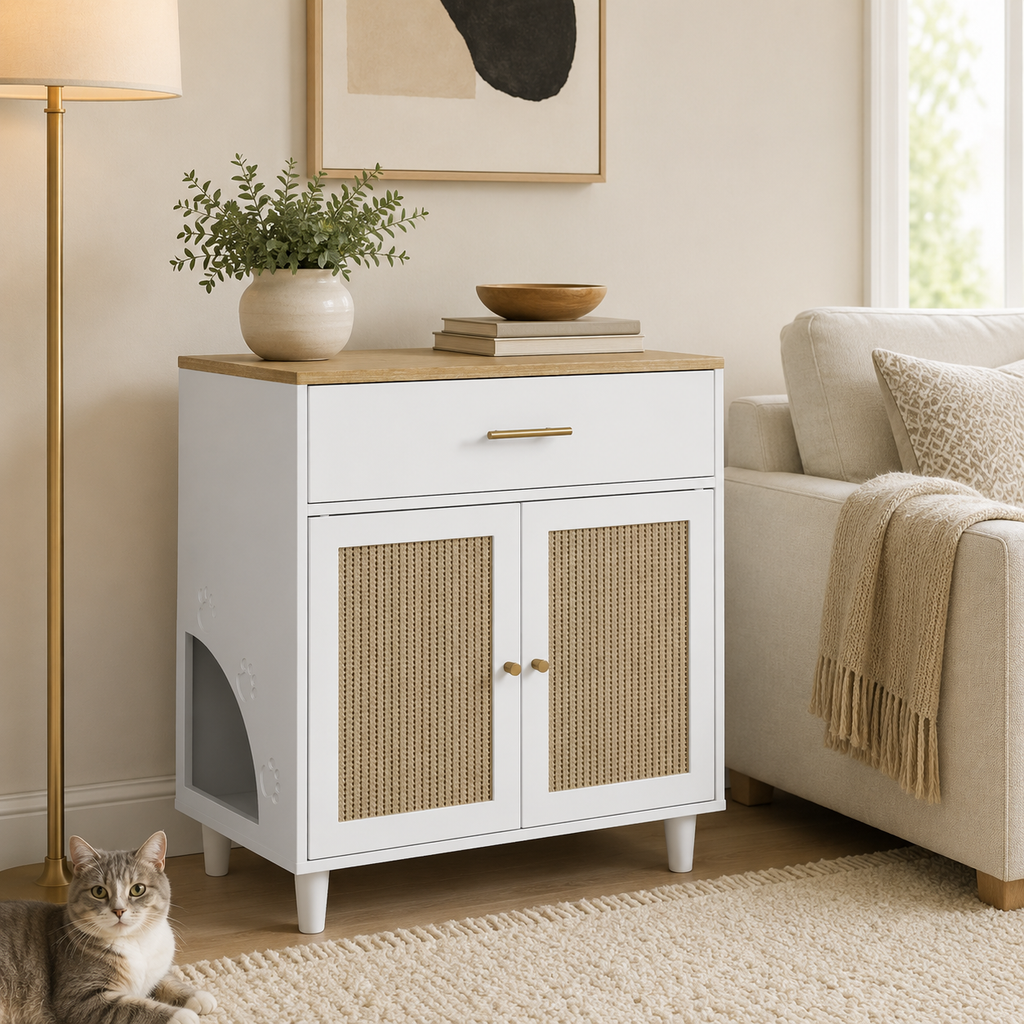 Litter Box Enclosure with Storage Drawer, Sisal Scratching Doors and Cat Entrance, White
