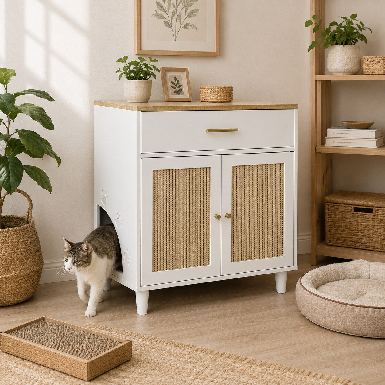 Litter Box Enclosure with Storage Drawer, Sisal Scratching Doors and Cat Entrance, White