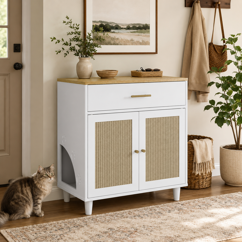 Litter Box Enclosure with Storage Drawer, Sisal Scratching Doors and Cat Entrance, White
