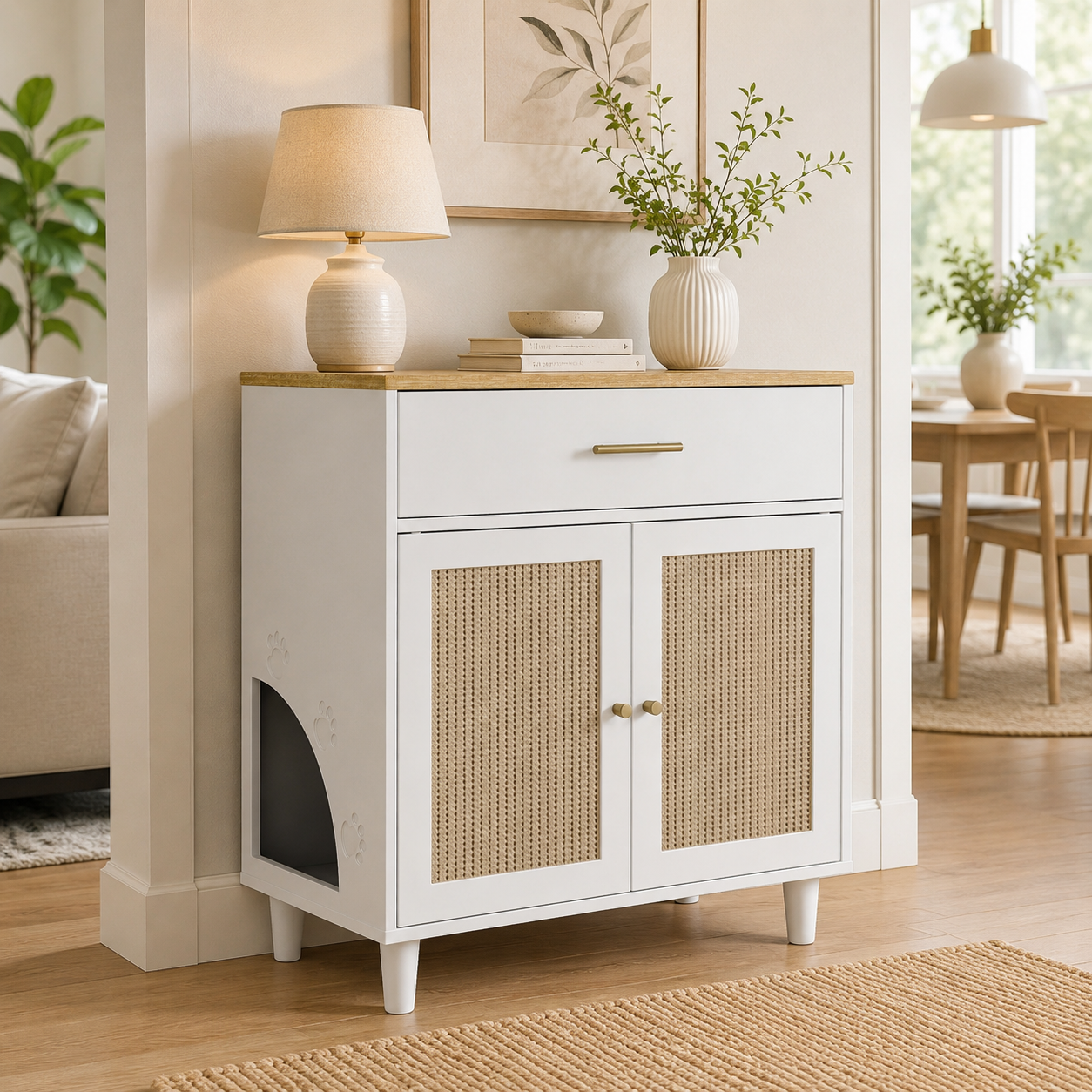 Litter Box Enclosure with Storage Drawer, Sisal Scratching Doors and Cat Entrance, White