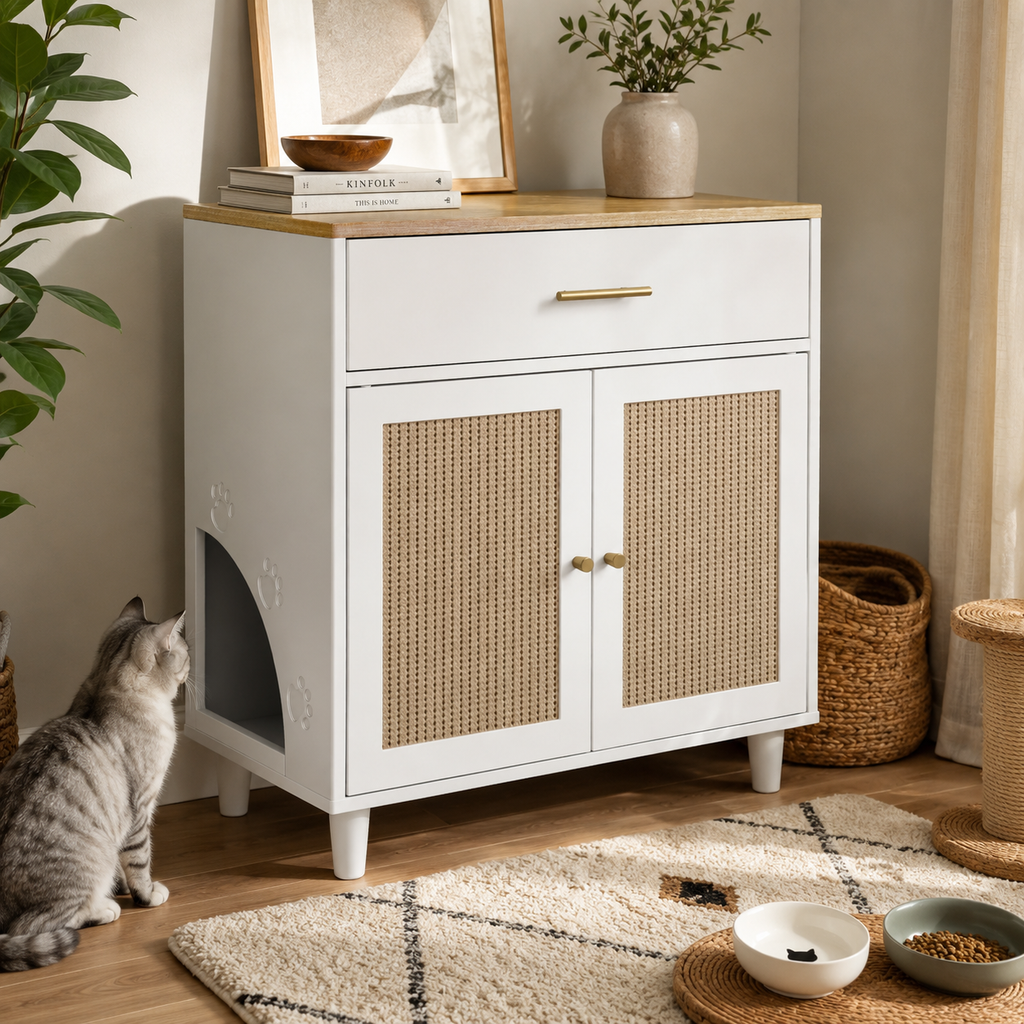 Litter Box Enclosure with Storage Drawer, Sisal Scratching Doors and Cat Entrance, White