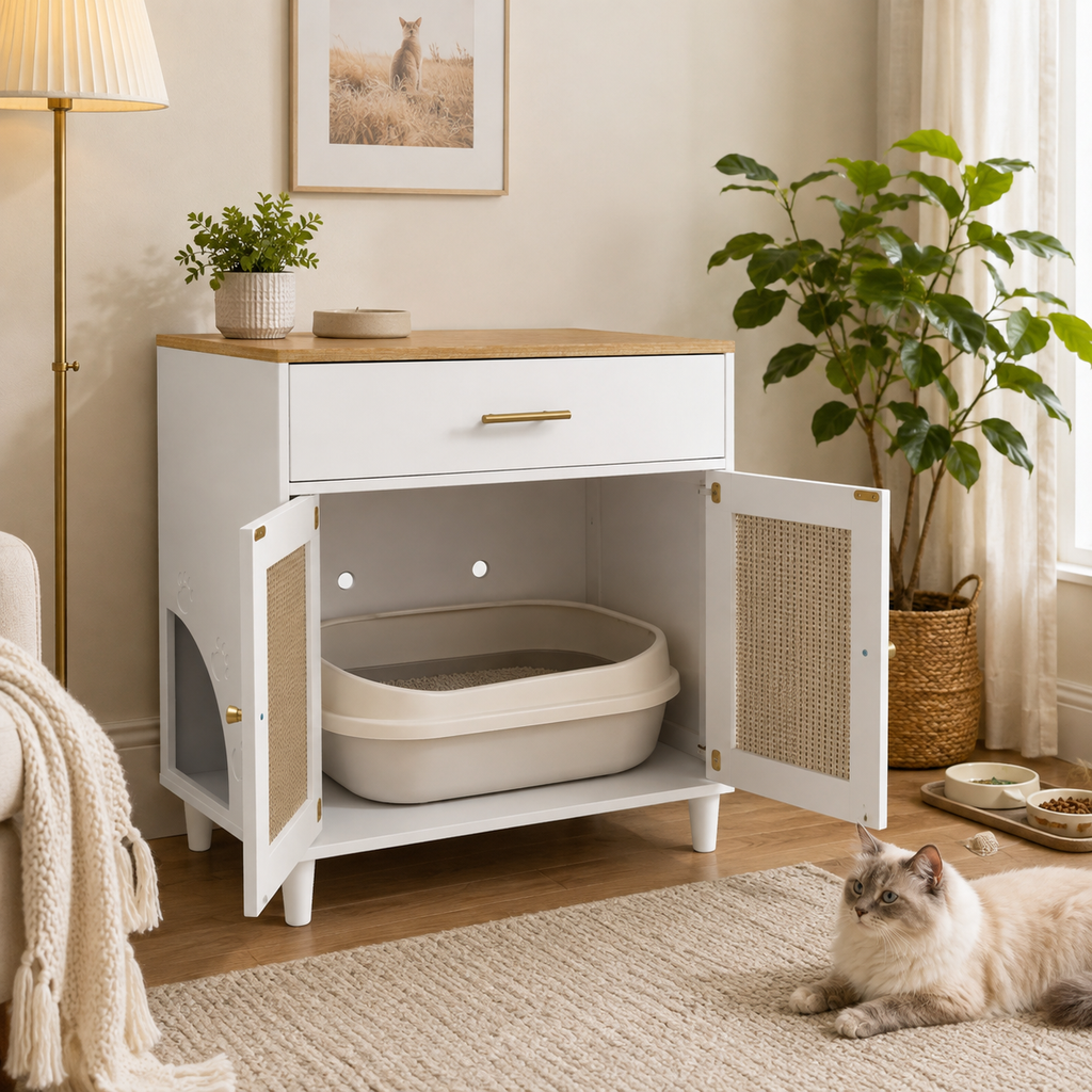 Litter Box Enclosure with Storage Drawer, Sisal Scratching Doors and Cat Entrance, White