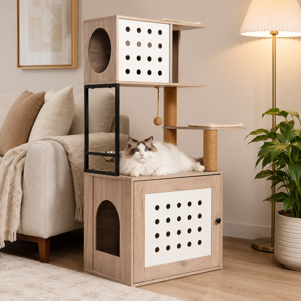 Cat Tree with Litter Box Enclosure, Multi-Level Cat Furniture with Scratching Posts, Cat Condo and Feeding Station, Natural / White