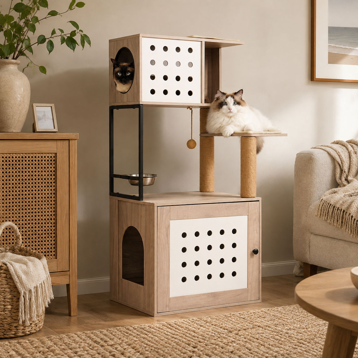 Cat Tree with Litter Box Enclosure, Multi-Level Cat Furniture with Scratching Posts, Cat Condo and Feeding Station, Natural / White