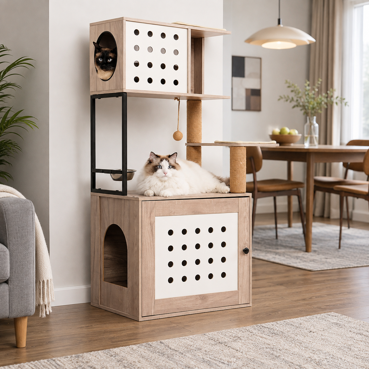 Cat Tree with Litter Box Enclosure, Multi-Level Cat Furniture with Scratching Posts, Cat Condo and Feeding Station, Natural / White
