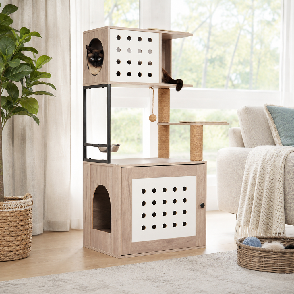 Cat Tree with Litter Box Enclosure, Multi-Level Cat Furniture with Scratching Posts, Cat Condo and Feeding Station, Natural / White
