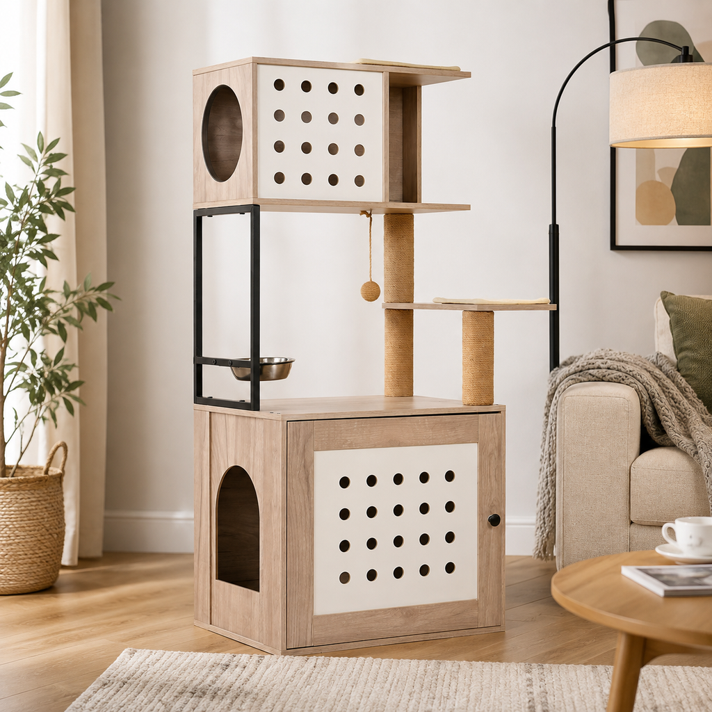 Cat Tree with Litter Box Enclosure, Multi-Level Cat Furniture with Scratching Posts, Cat Condo and Feeding Station, Natural / White