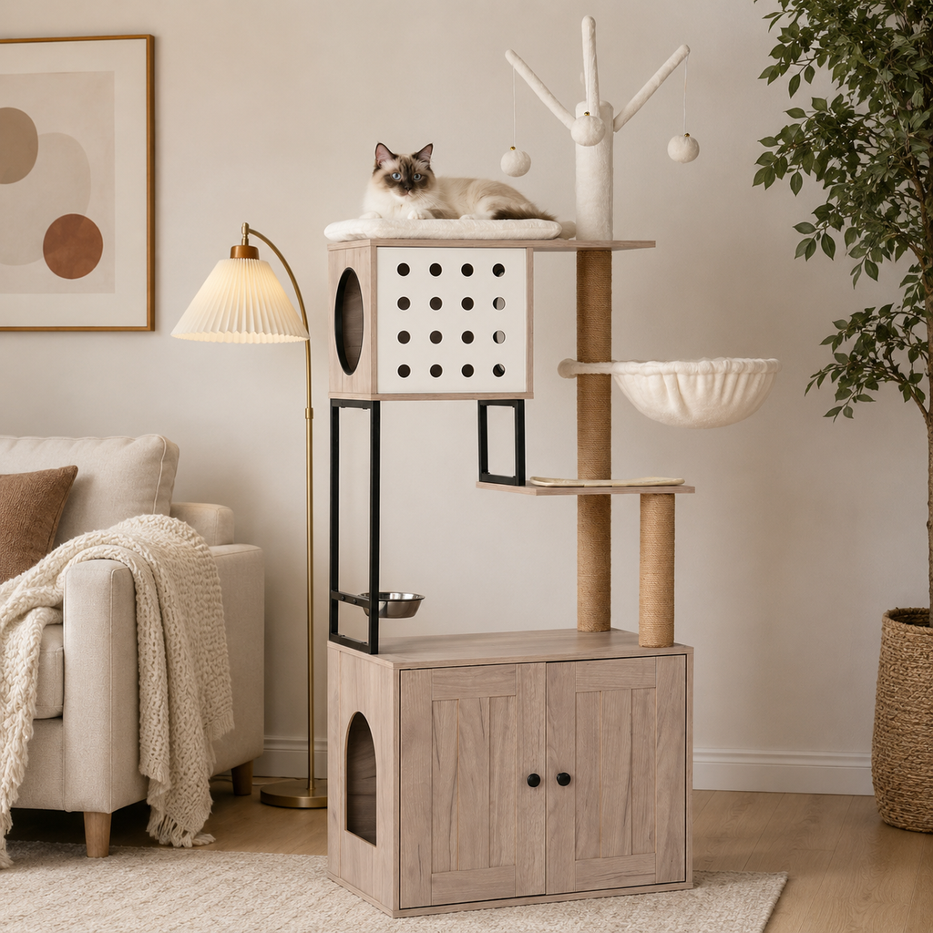 Cat Tree with Litter Box Enclosure, Multi-Level Cat Furniture with Condo, Hammock and Sisal Scratching Posts, Natural / White