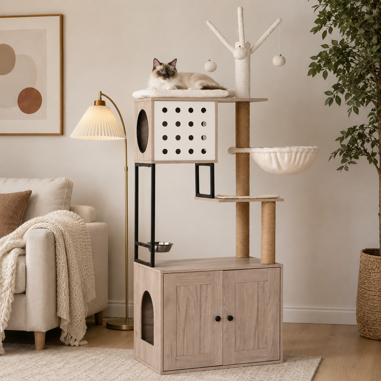 Cat Tree with Litter Box Enclosure, Multi-Level Cat Furniture with Condo, Hammock and Sisal Scratching Posts, Natural / White