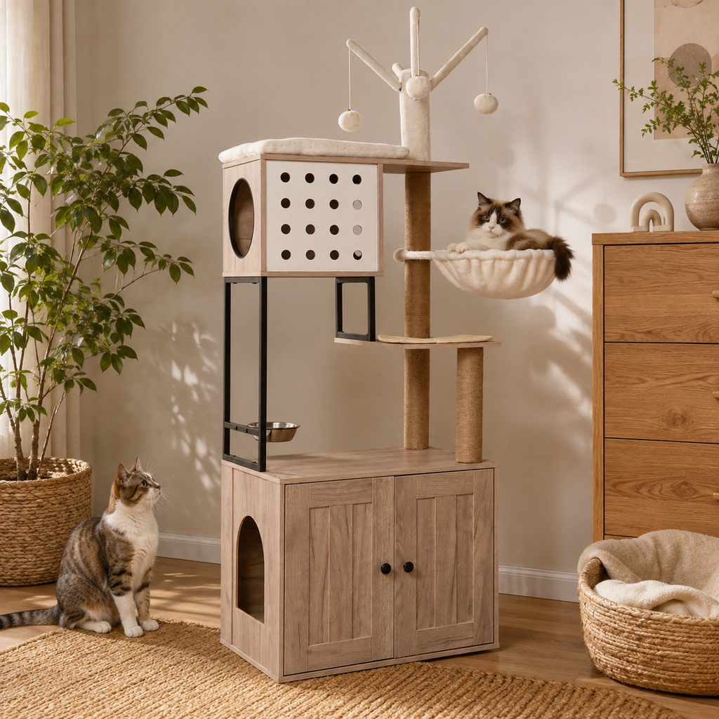 Cat Tree with Litter Box Enclosure, Multi-Level Cat Furniture with Condo, Hammock and Sisal Scratching Posts, Natural / White
