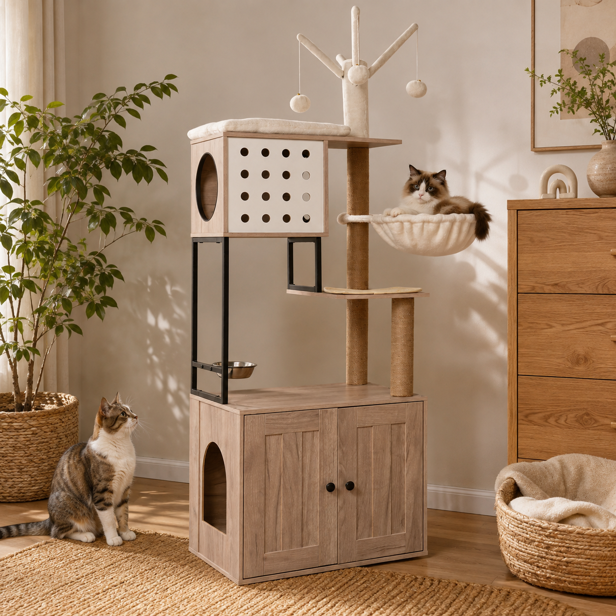 Cat Tree with Litter Box Enclosure, Multi-Level Cat Furniture with Condo, Hammock and Sisal Scratching Posts, Natural / White