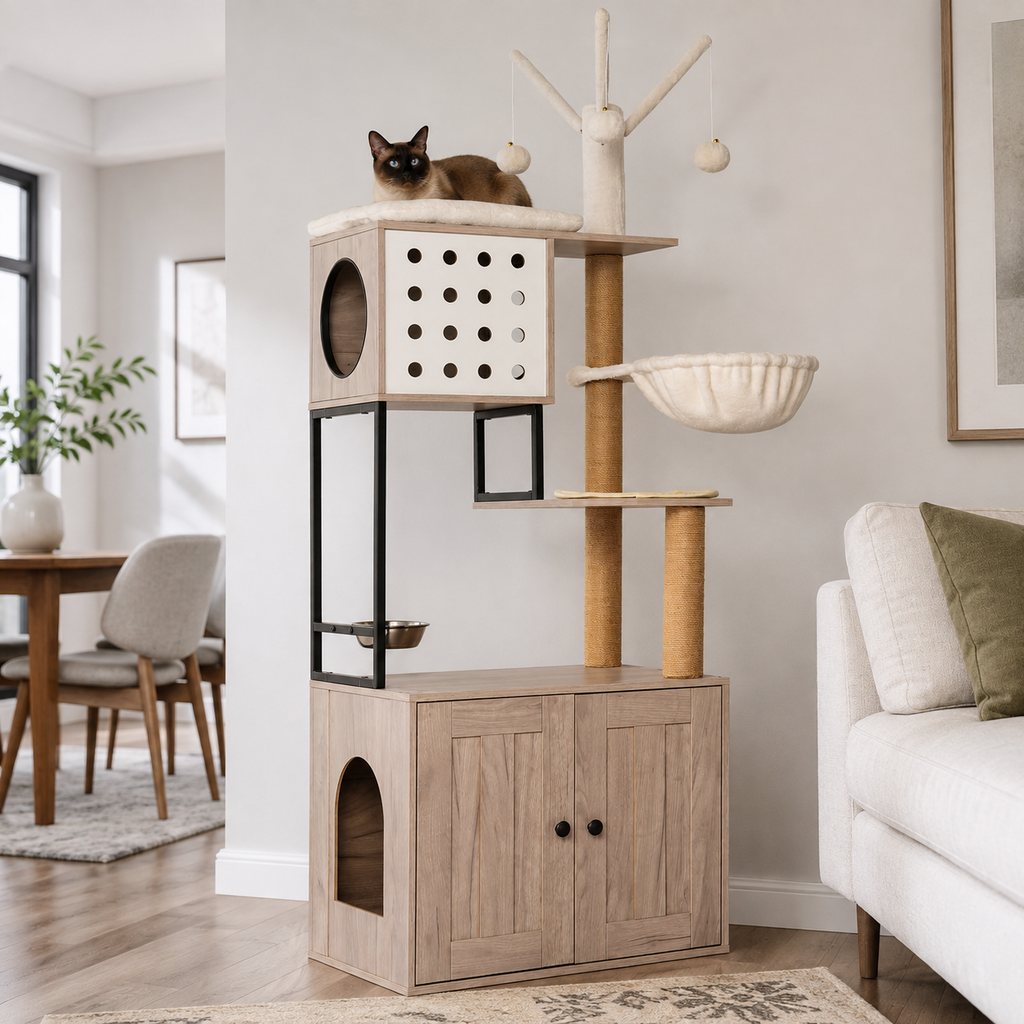 Cat Tree with Litter Box Enclosure, Multi-Level Cat Furniture with Condo, Hammock and Sisal Scratching Posts, Natural / White