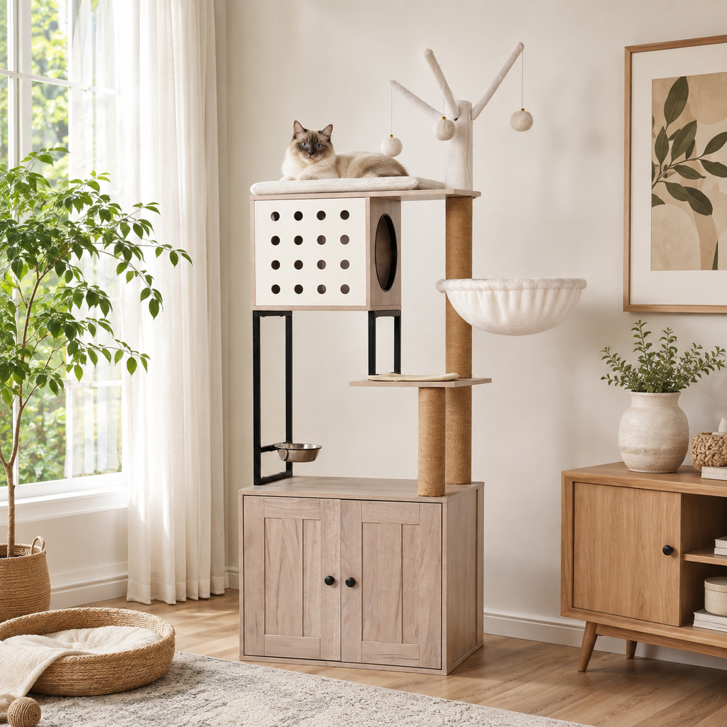 Cat Tree with Litter Box Enclosure, Multi-Level Cat Furniture with Condo, Hammock and Sisal Scratching Posts, Natural / White