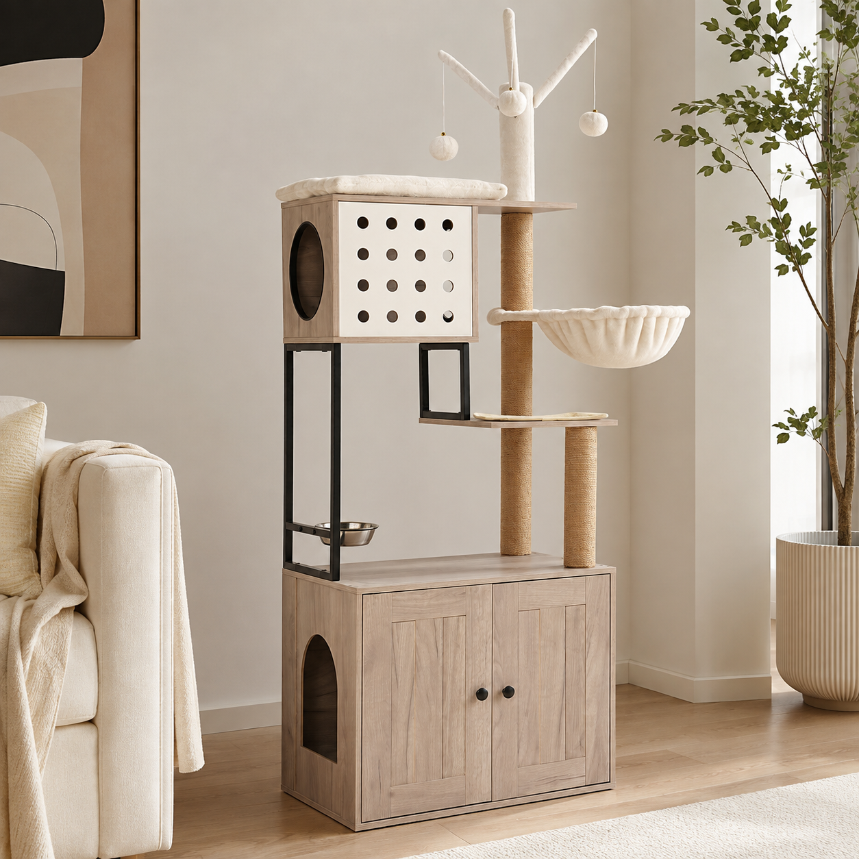 Cat Tree with Litter Box Enclosure, Multi-Level Cat Furniture with Condo, Hammock and Sisal Scratching Posts, Natural / White