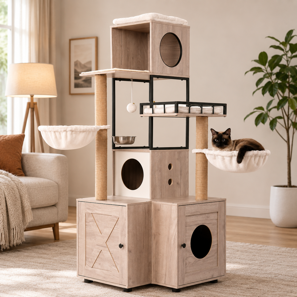 Cat Tree with Litter Box Enclosure, 63" Multi-Level Cat Furniture with Dual Condos, Hammocks and Scratching Posts, Natural / White