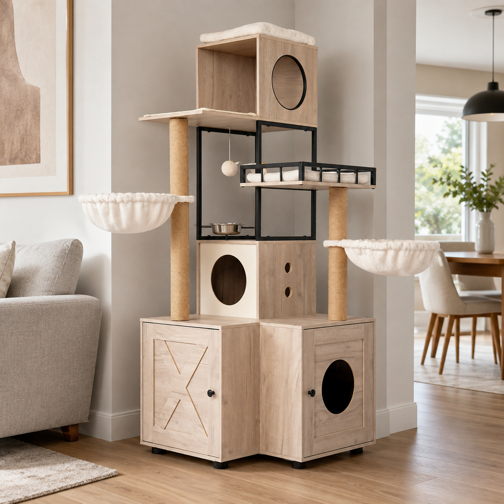 Cat Tree with Litter Box Enclosure, 63" Multi-Level Cat Furniture with Dual Condos, Hammocks and Scratching Posts, Natural / White