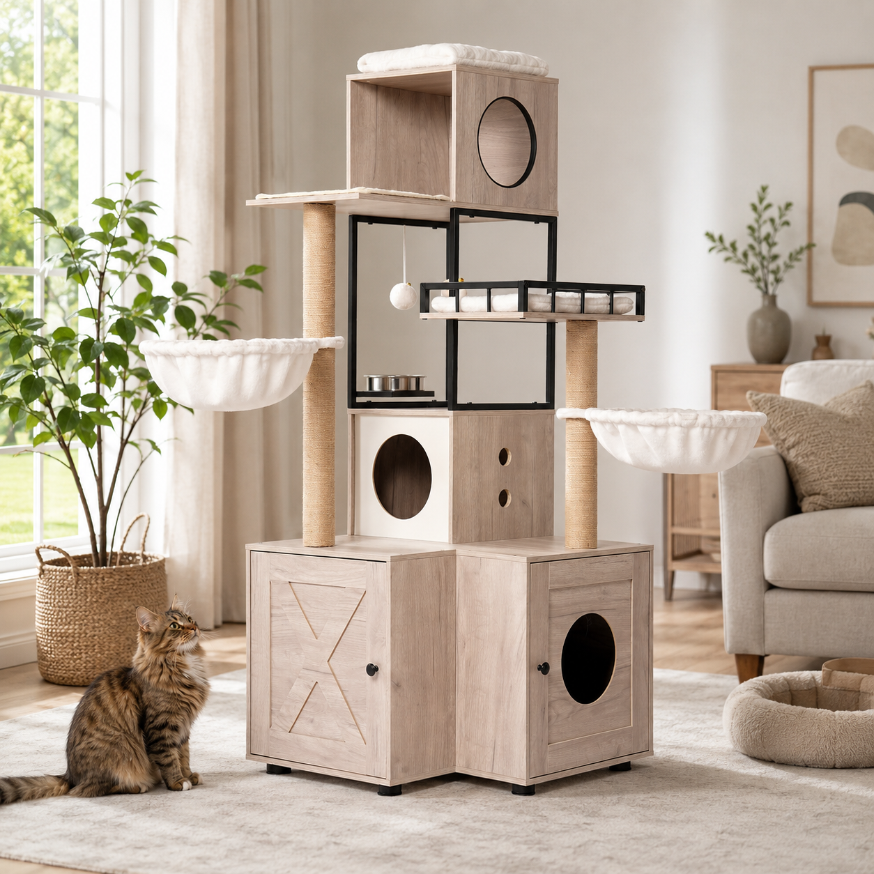 Cat Tree with Litter Box Enclosure, 63" Multi-Level Cat Furniture with Dual Condos, Hammocks and Scratching Posts, Natural / White