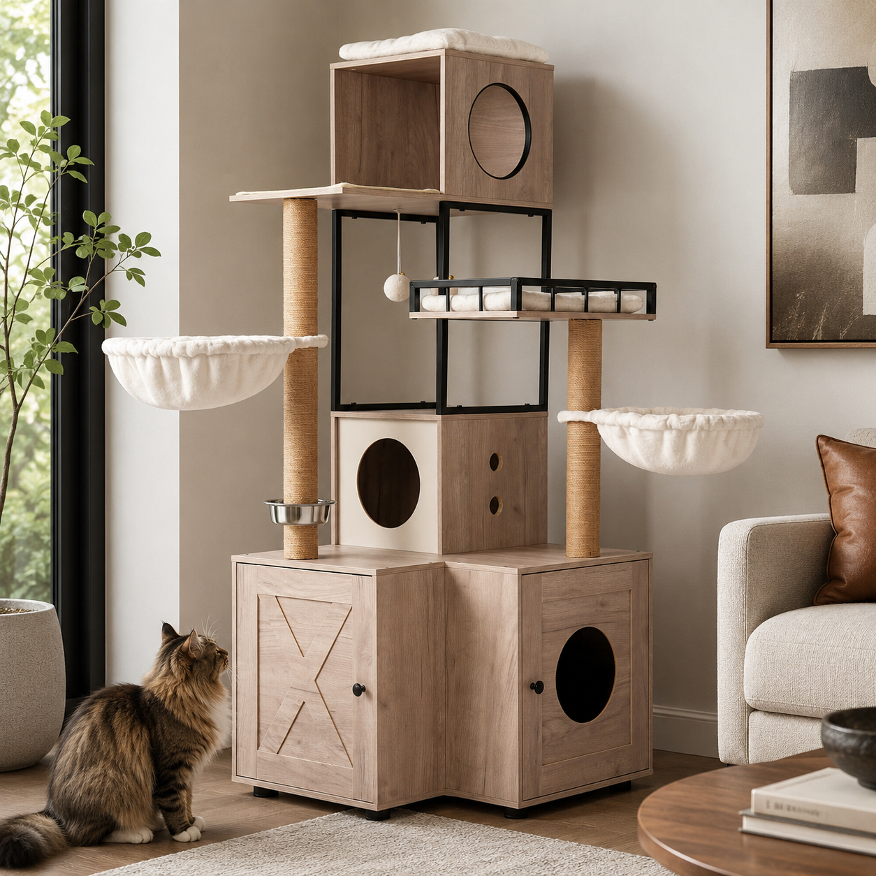 Cat Tree with Litter Box Enclosure, 63" Multi-Level Cat Furniture with Dual Condos, Hammocks and Scratching Posts, Natural / White