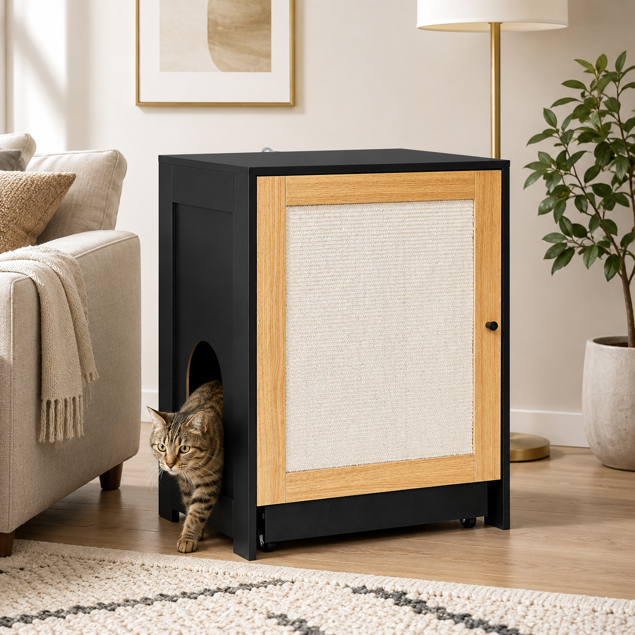 Litter Box Enclosure with Sisal Scratching Door, Pull-Out Litter Tray and Upper Storage Shelf, Black