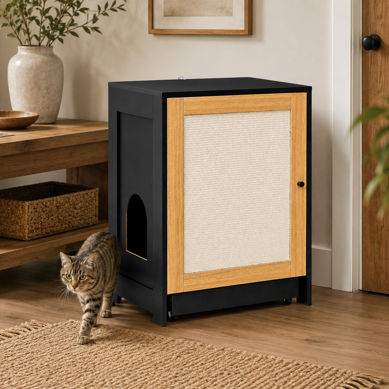 Litter Box Enclosure with Sisal Scratching Door, Pull-Out Litter Tray and Upper Storage Shelf, Black