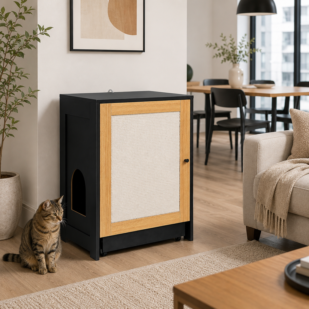 Litter Box Enclosure with Sisal Scratching Door, Pull-Out Litter Tray and Upper Storage Shelf, Black