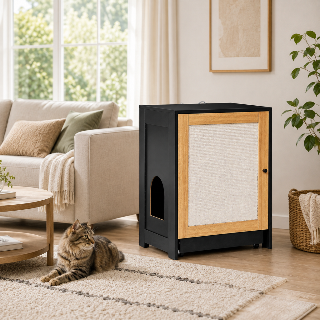 Litter Box Enclosure with Sisal Scratching Door, Pull-Out Litter Tray and Upper Storage Shelf, Black