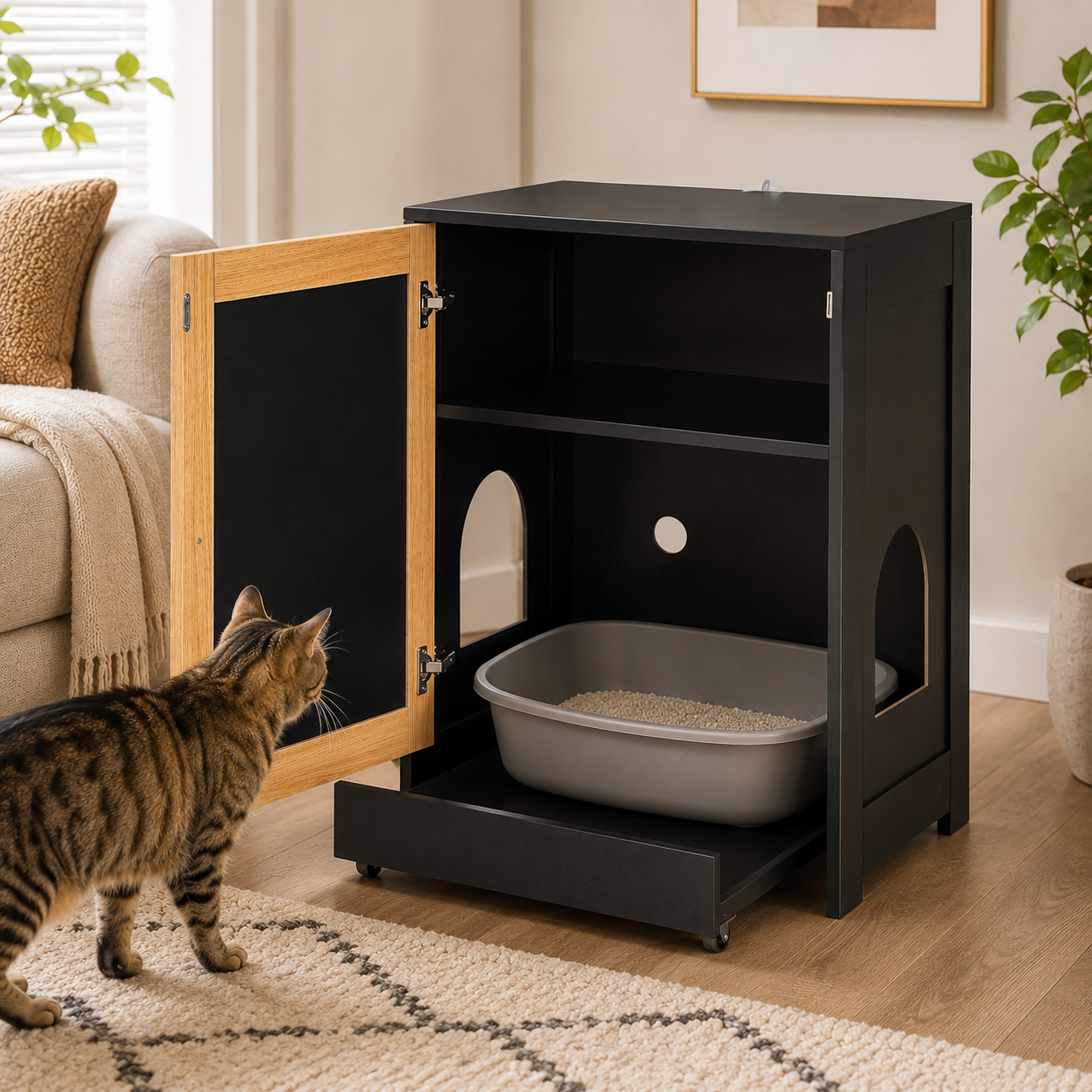 Litter Box Enclosure with Sisal Scratching Door, Pull-Out Litter Tray and Upper Storage Shelf, Black