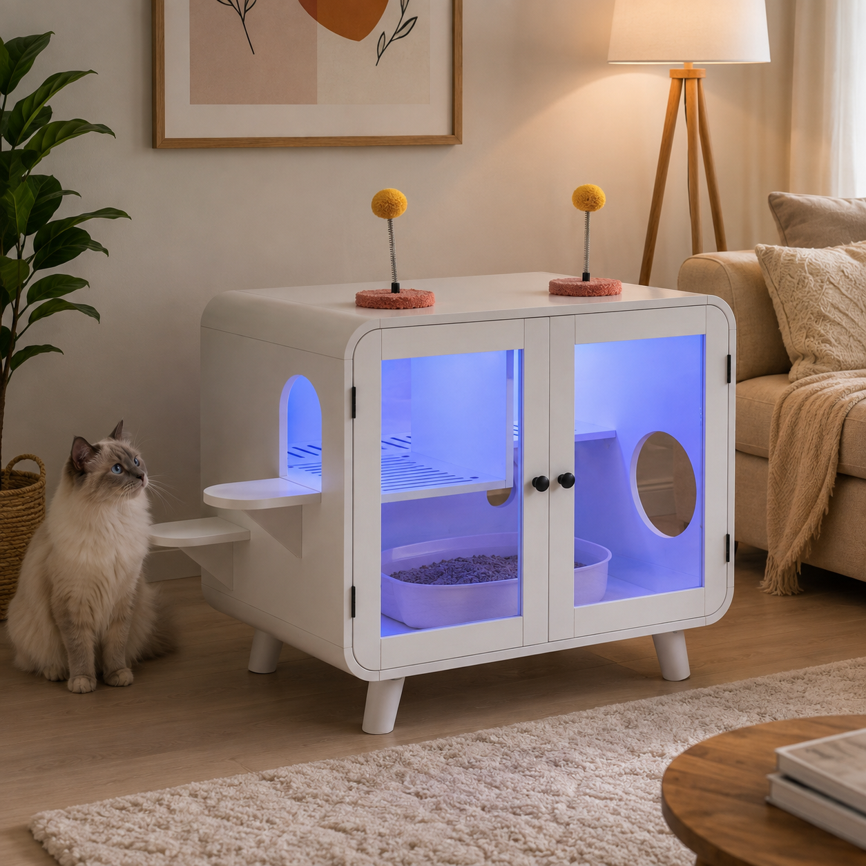 White litter box enclosure in a modern room