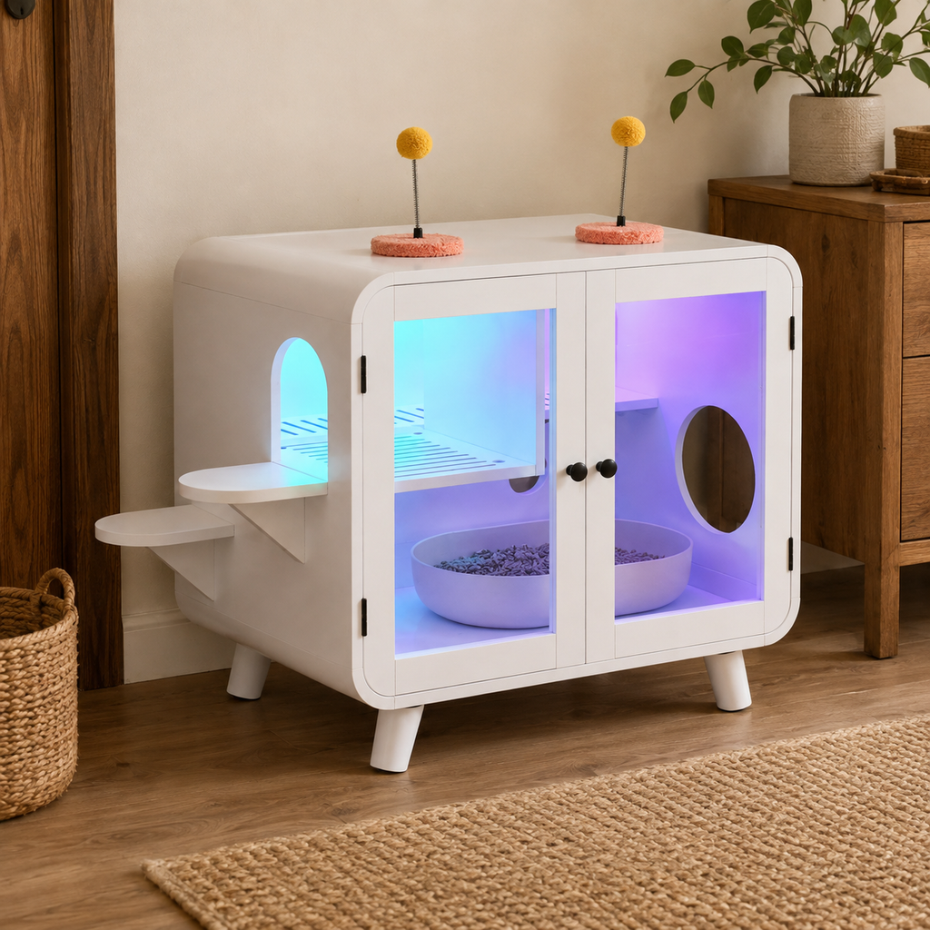 White cat furniture litter box enclosure lifestyle view
