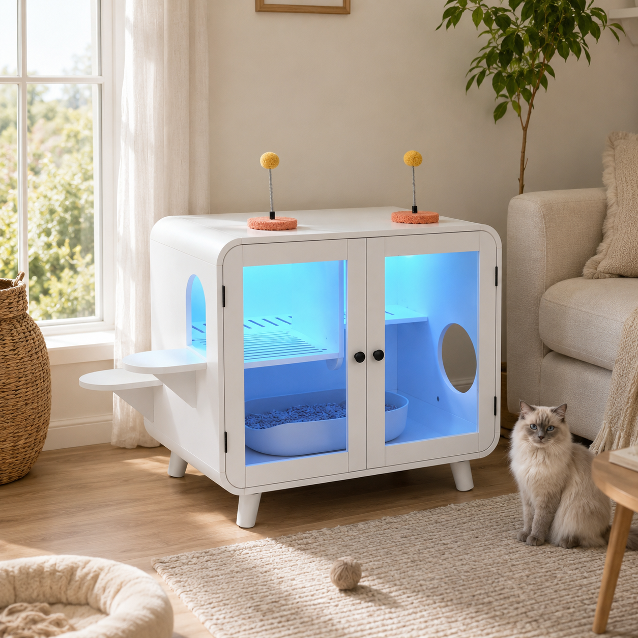White hidden litter box cabinet interior scene