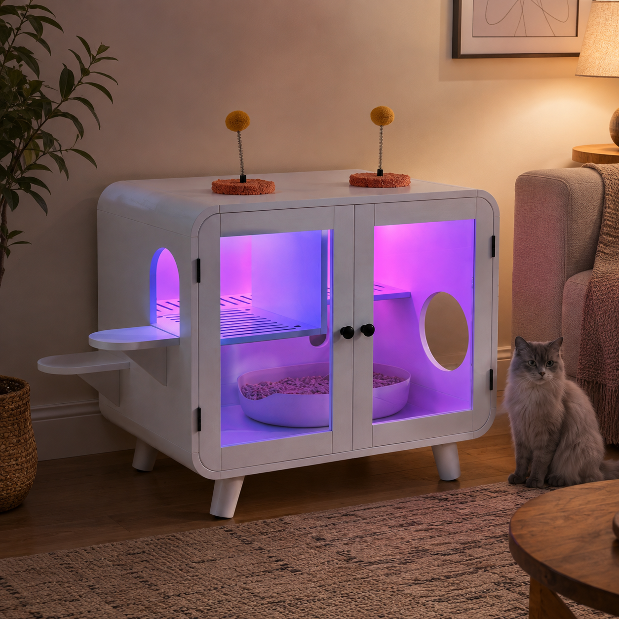 White litter box enclosure with cat steps in home