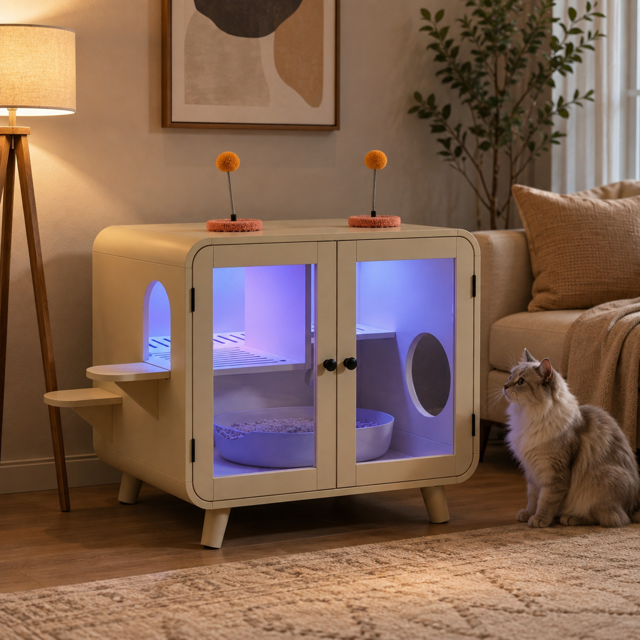 Litter Box Enclosure with RGB Lighting, Glass Doors, Interior Walkway and Cat Steps