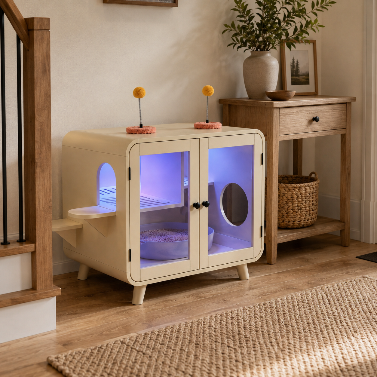 Litter Box Enclosure with RGB Lighting, Glass Doors, Interior Walkway and Cat Steps