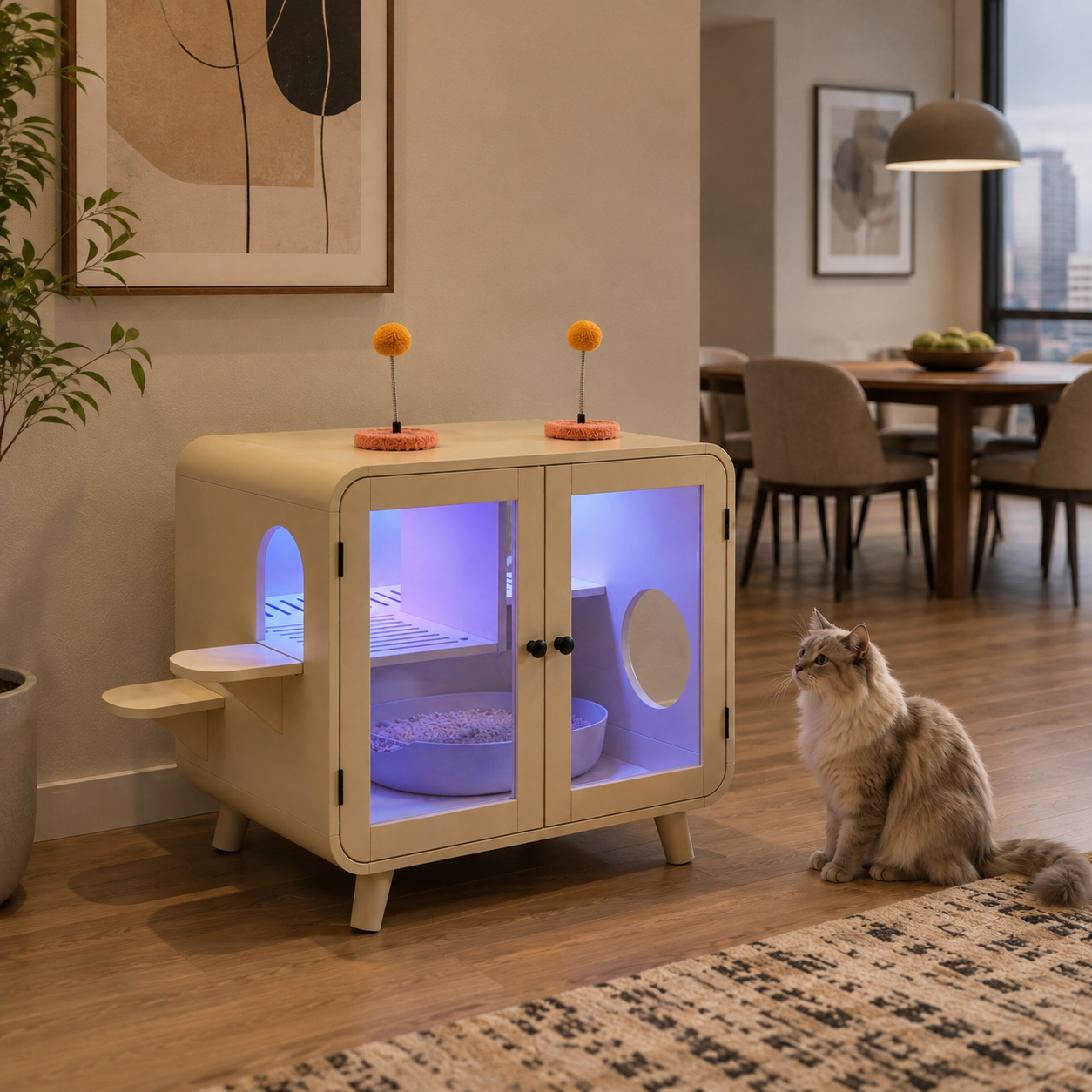 Litter Box Enclosure with RGB Lighting, Glass Doors, Interior Walkway and Cat Steps