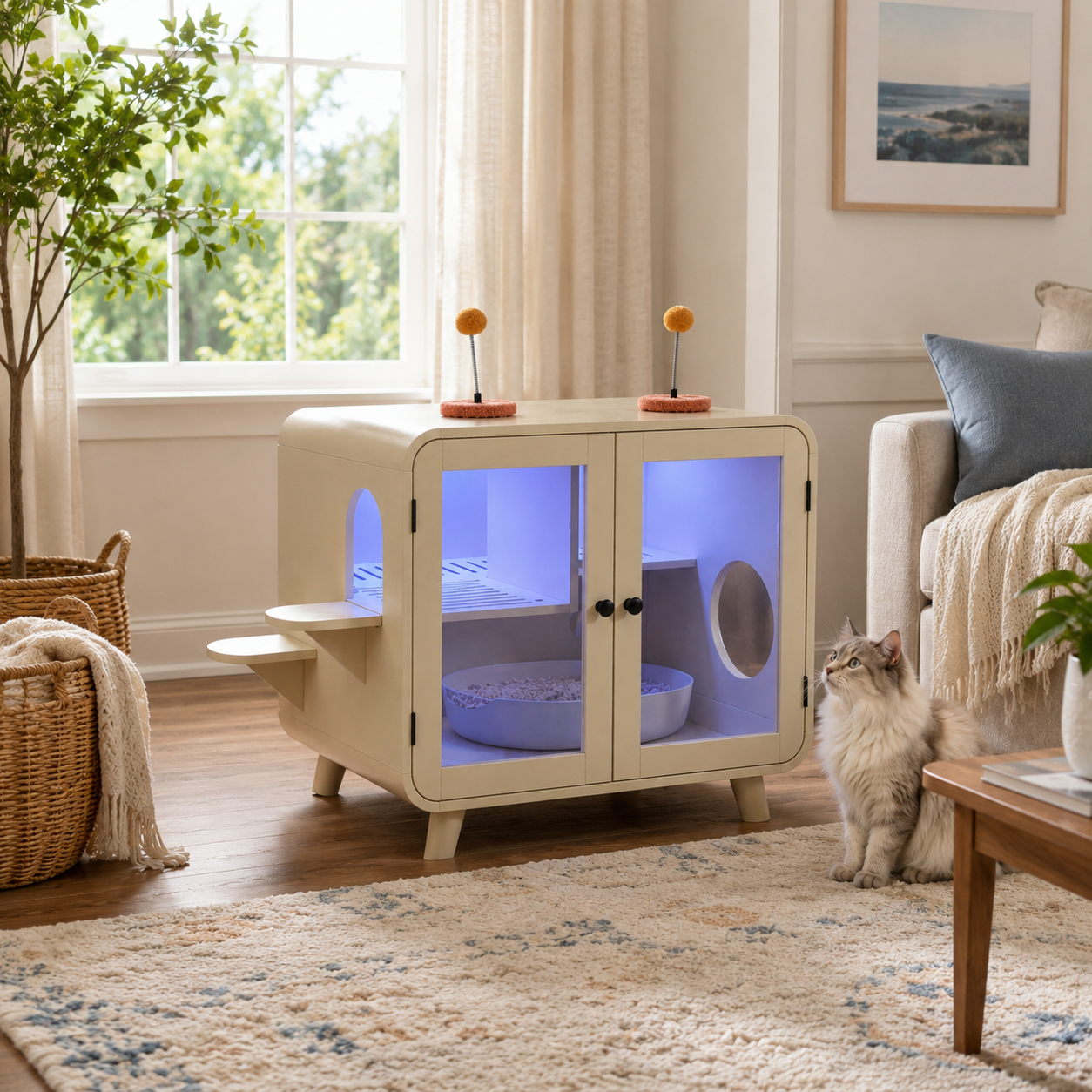Litter Box Enclosure with RGB Lighting, Glass Doors, Interior Walkway and Cat Steps